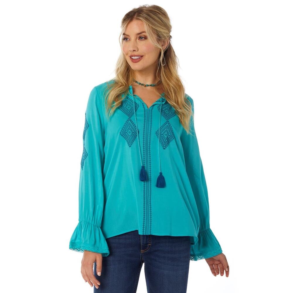 NWOT Wrangler Western Retro Embroidered Tassel Blouse Dream Teal S